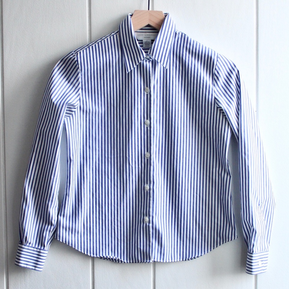 1990s Vintage Pinstripe Button Down Shirt Non-Iron by Petite Sophisticate